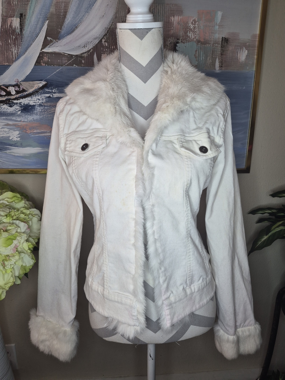 Sheri Bodell Cream 100% Rabbit Fur Trim Jean Jacket